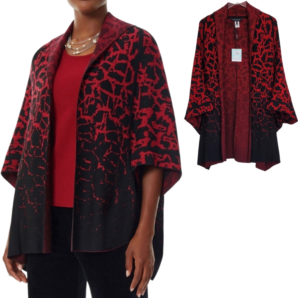 NWT Ming Wang jacquard knit relaxed fit open kimono cardigan cape red black